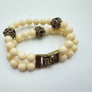 7" Heidi Daus Double 2 Stand Cream Rhinestone Bowls Beads Bracelet Box Clasp